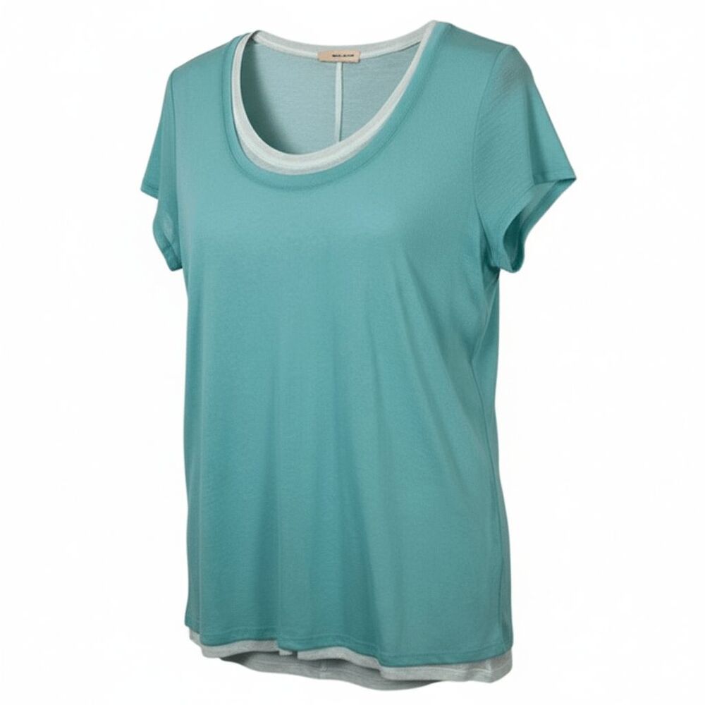 DKNY Mesh Gauzy Layered Look Tee Short Sleeve Aqua Blue and White XL